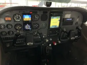 A closeup look of a cockpit of a plane.